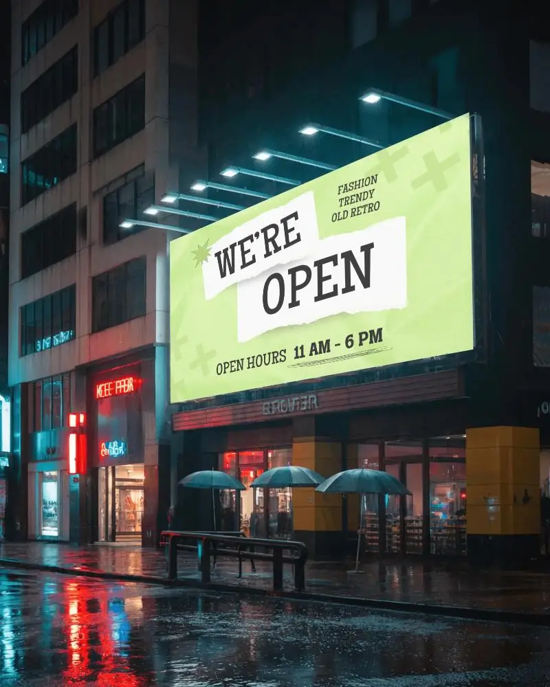 Urban Street Billboard Mockup Nighttime Reflective Wet Roadmodern Advertising Space