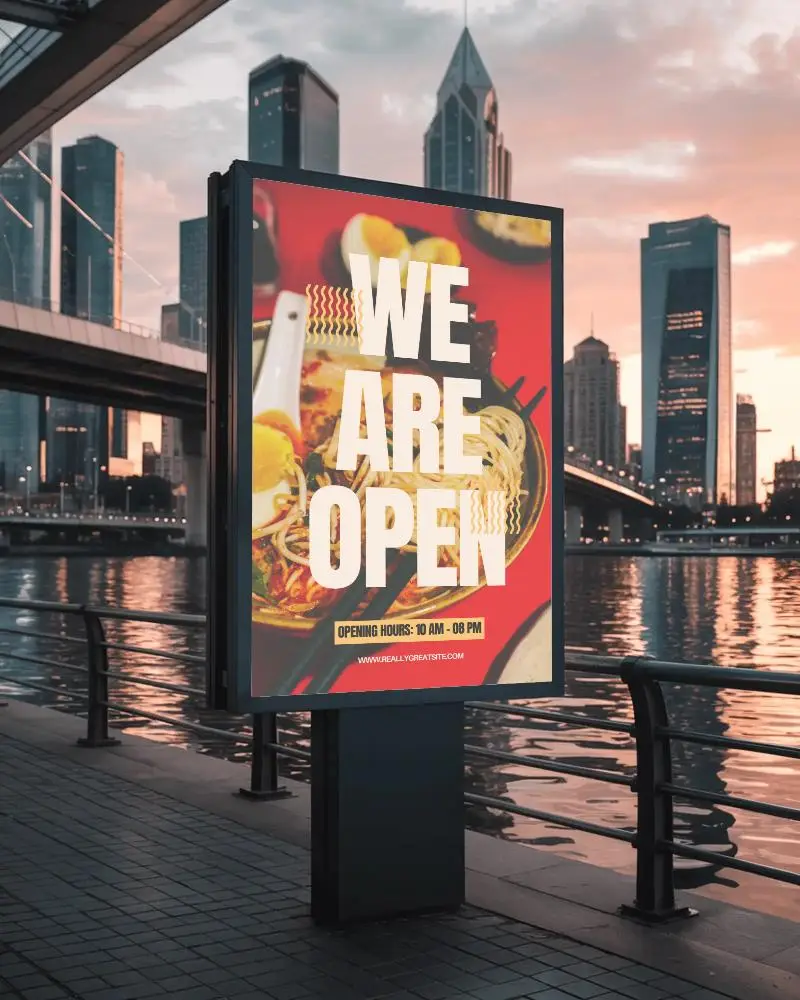 Urban Waterfront Billboard Mockup For Outdoor Advertising With Cityscape Background