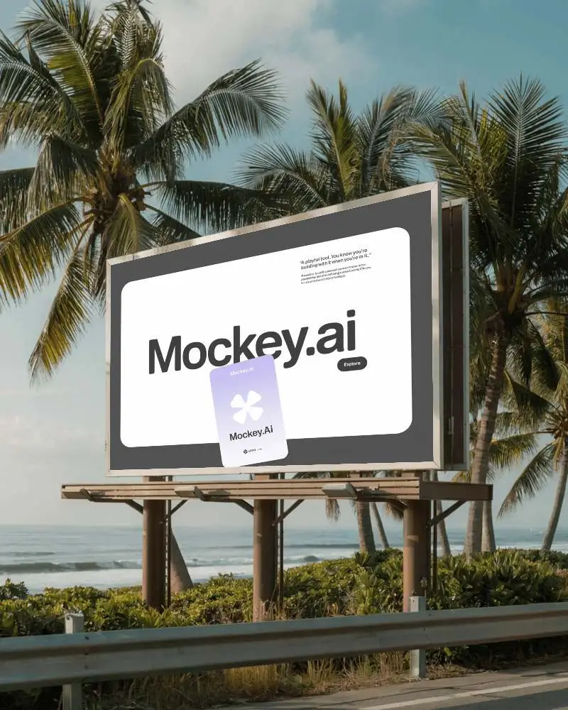 Beachfront Billboard Mockup With Palm Trees And Ocean View For Advertising