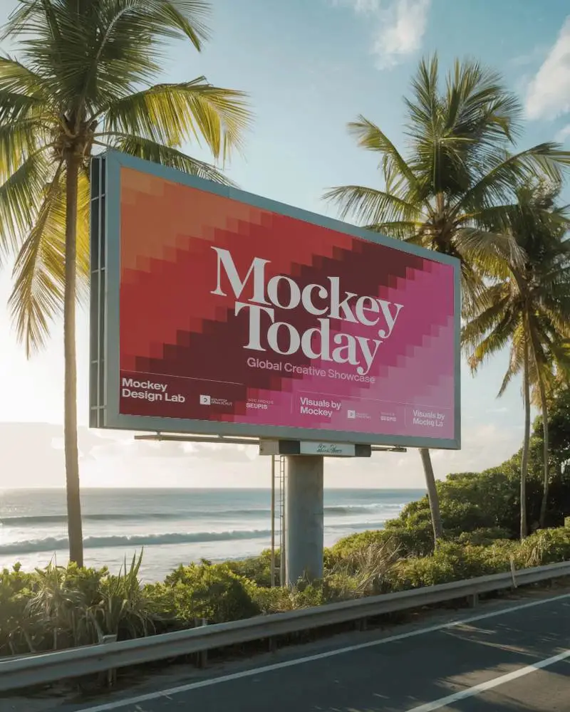 Oceanfront Billboard Mockup With Palm Trees And Clear Sky On Sunny Day Roadside Ad Space
