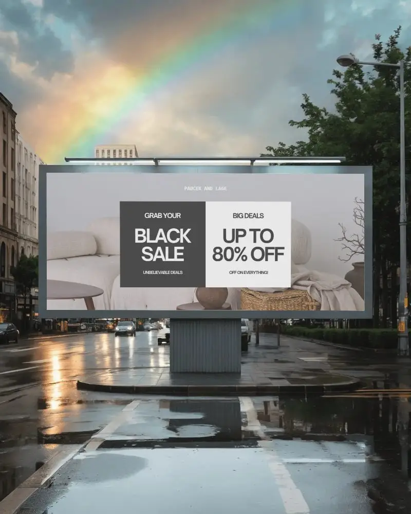 Urban Street Billboard Mockup For Advertising Campaigns With Clear Sky And Rain Reflections