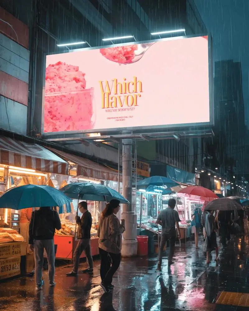 Urban Night Market Scene With Rain And Blank Billboard Mockup For Advertising Display And Promotion