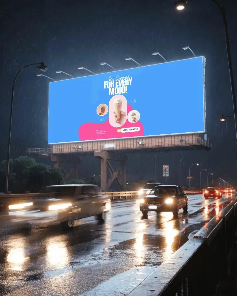 Outdoor Urban Billboard Mockup Showcasing Ad Space During Rainy Evening With Traffic Flow