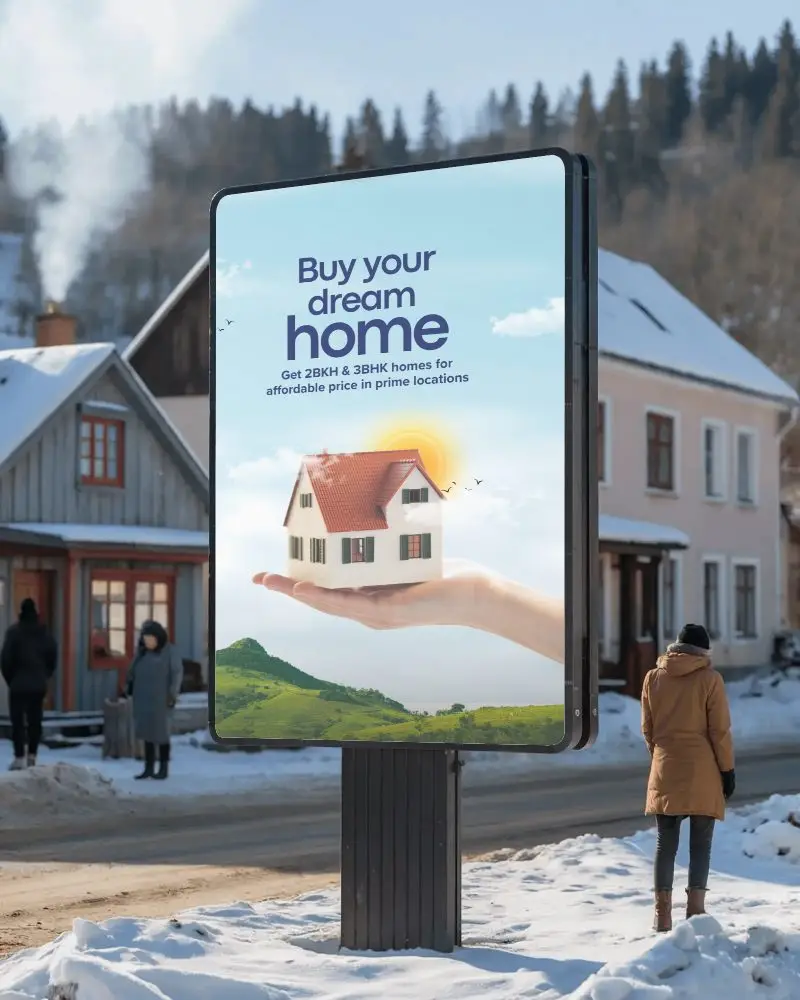 Empty Urban Billboard Mockup On Snowy Street Surrounded By Houses And Winter People