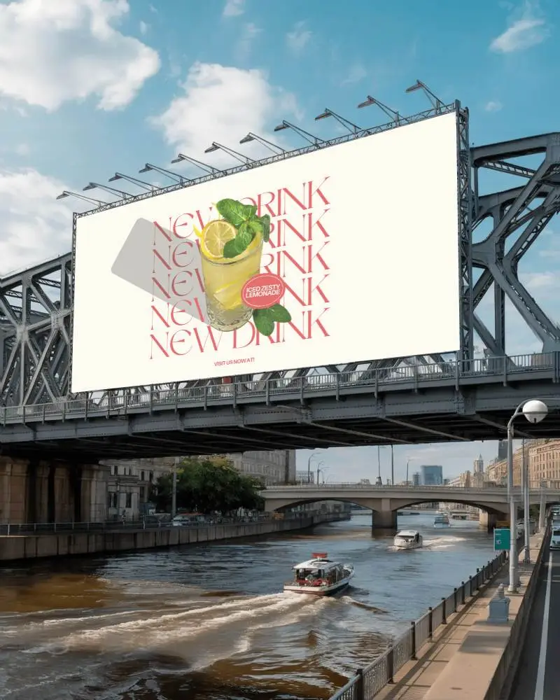 Large Blank Billboard Mockup On Bridge Over River With Moving Boats Urban Cityscape View