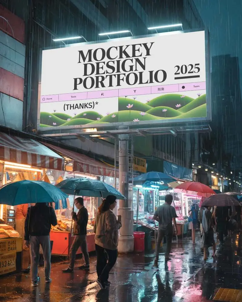 Rain Soaked Night Market Billboard Mockup With Blank White Advertisement Space