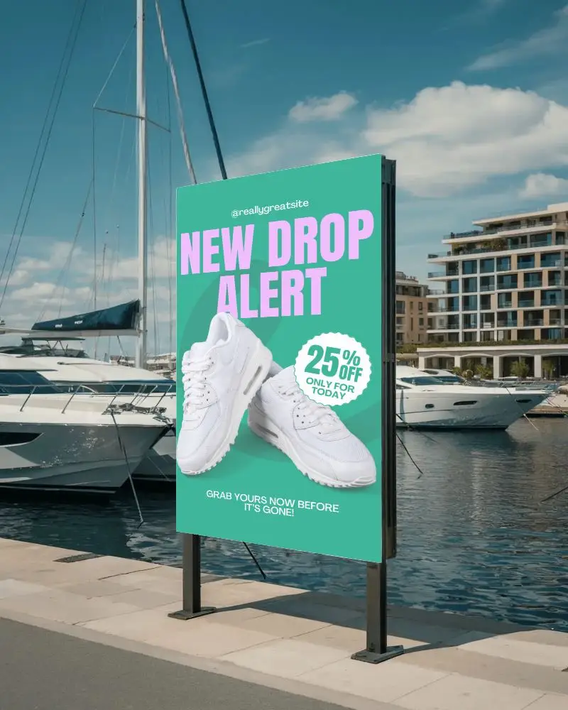 Commercial Advertising Billboard Mockup On Waterfront Promenade Next To Sailboats In Sunny Day