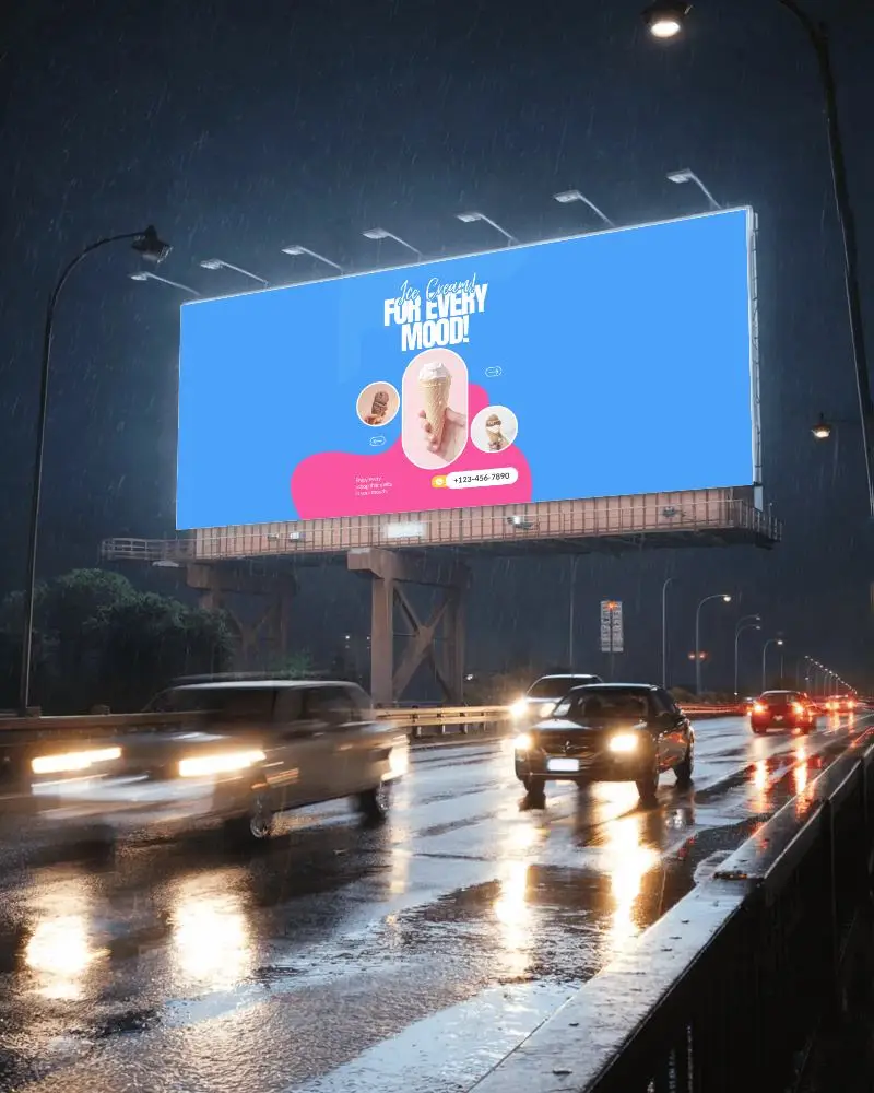 Night Time Rainy Road With Lit Billboard Mockup Above Moving Vehicles On Reflective Asphalt Surface