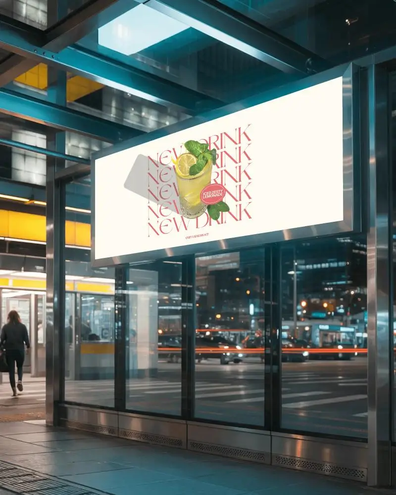 Illuminated City Sidewalk Bus Stop Billboard Mockup For Promotional Content