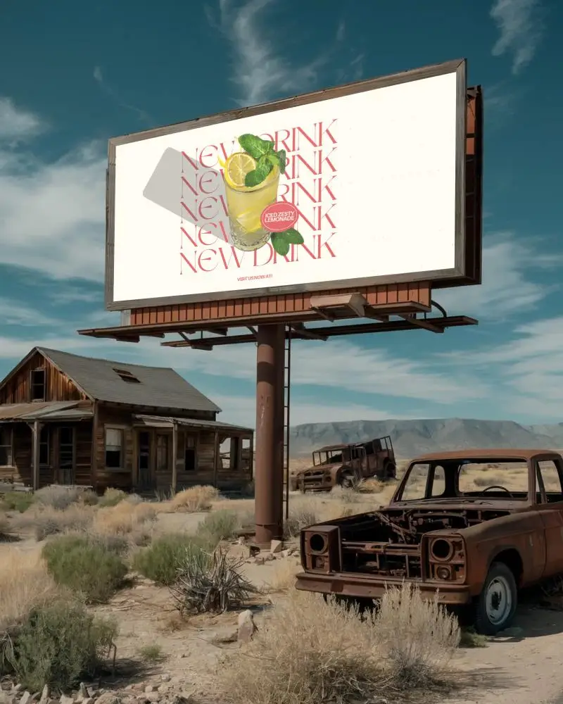 Old Abandoned Desert Billboard Mockup With Rustic House And Vintage Car Background