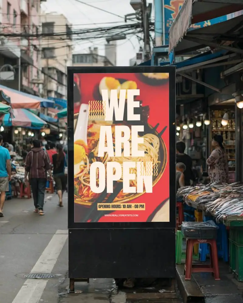 Vertical Street Billboard Mockup In Crowded Market Area For Innovative Marketing Ideas