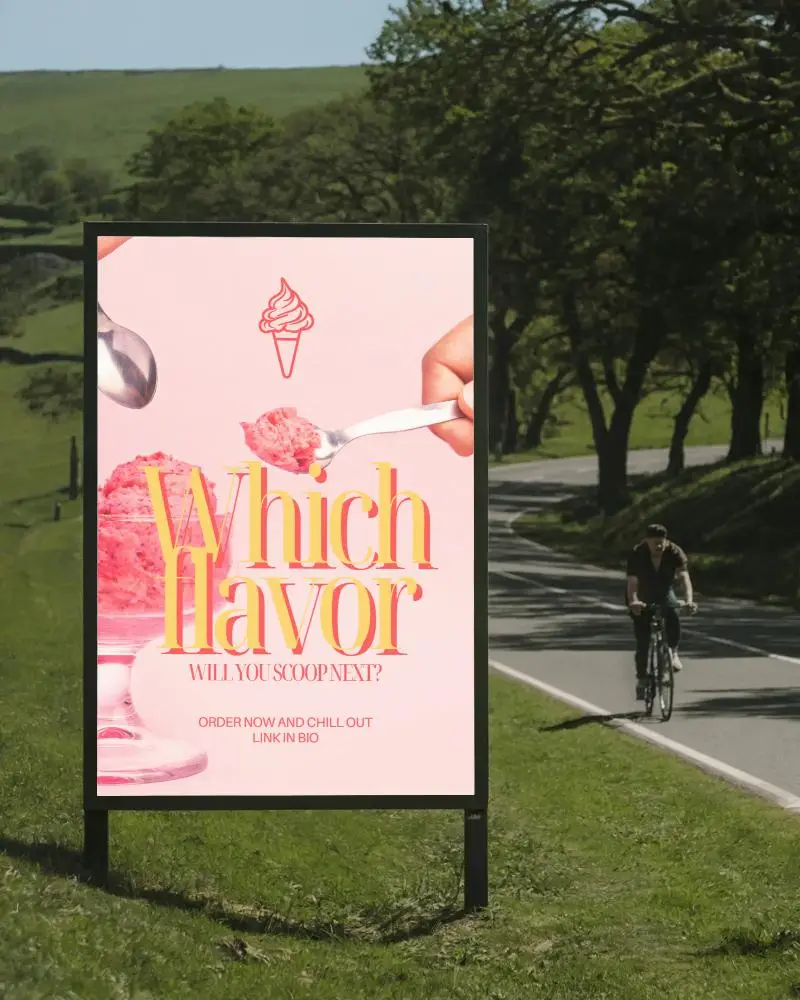 Outdoor Billboard Mockup On Rural Roadside With Bicycle Rider Passing By