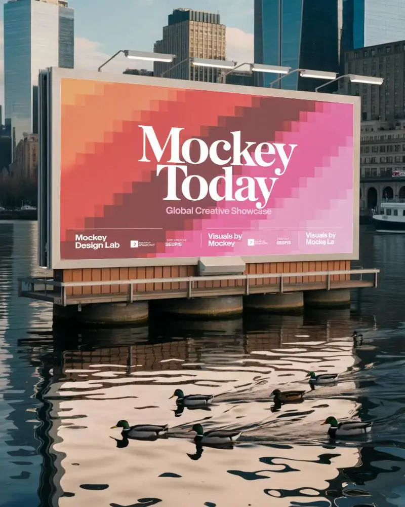 Large Riverside Billboard Mockup In Urban Area Surrounded By Reflective Water And Wildlife