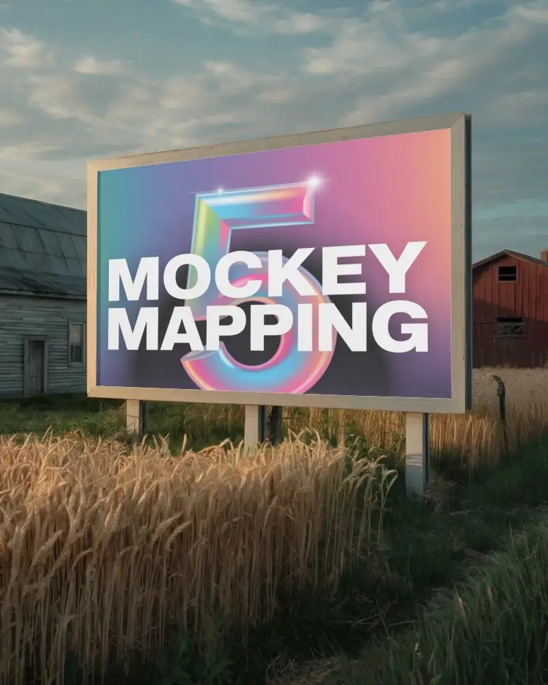 Large Outdoor Billboard Mockup Surrounded By Tall Grass And Agricultural Structures