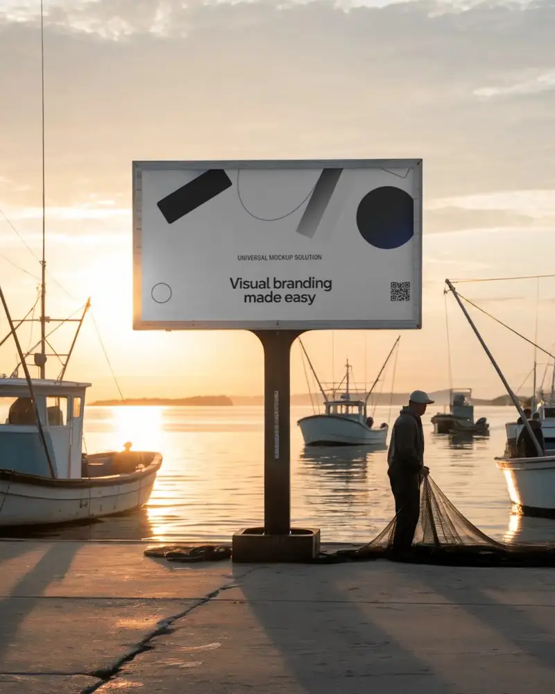 Fisherman Preparing Fishing Net On Dock With Billboard Mockup Sunset Seaside Scene