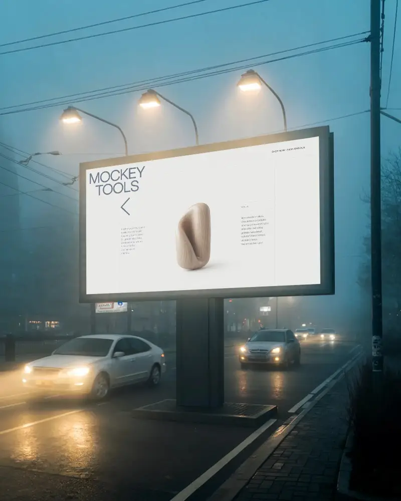 Illuminated Large Blank Billboard Mockup On Urban Road In Low Light With Moving Cars