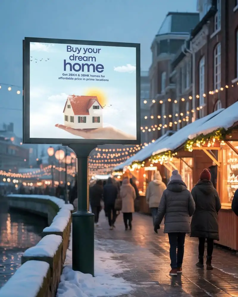 Winter Evening Street Billboard Mockup Holiday Market Pedestrian Scene Urban Lifestyle