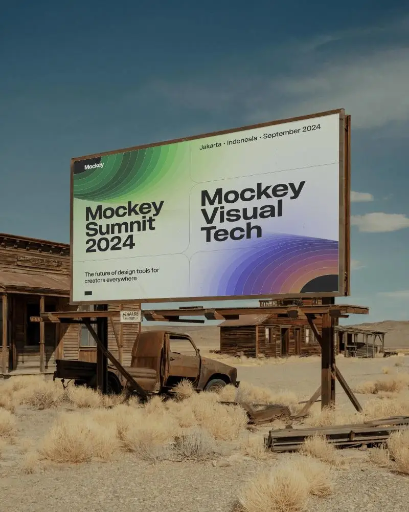 Abandoned Desert Billboard Mockup Old Truck Dry Bushes Rustic Wooden Buildings Background