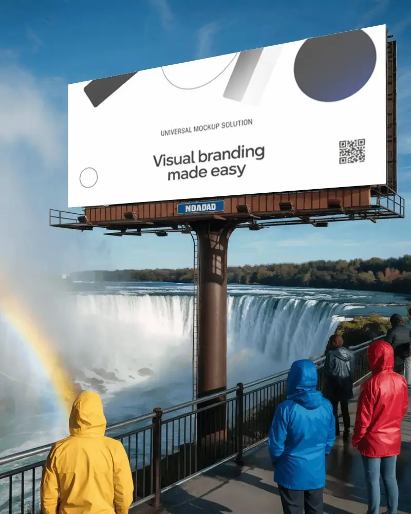Empty Billboard Mockup At Popular Nature Sightseeing Location With People Observing