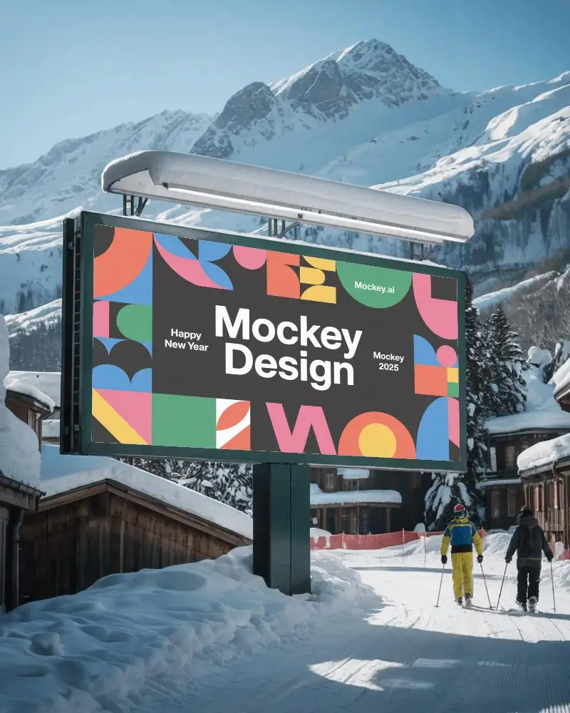 Winter Ski Resort Billboard Mockup Blank Space For Customized Ads In Mountain Village