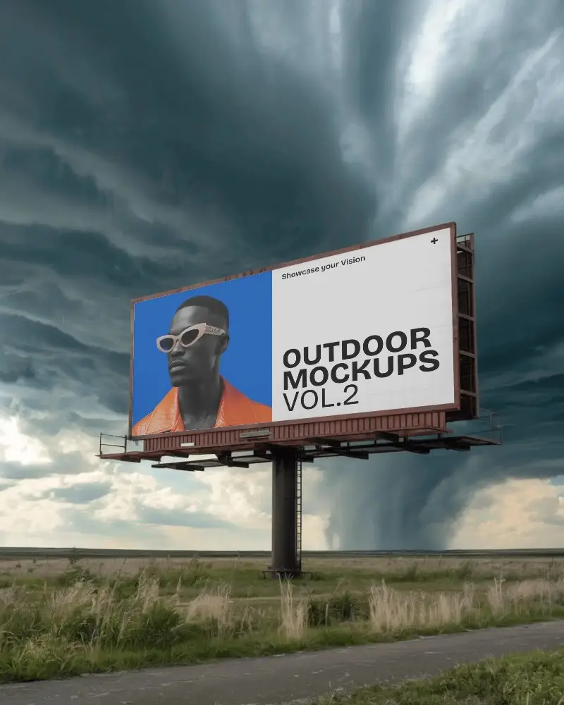 Stormy Weather Outdoor Billboard Mockup For Advertising In Rural Open Field