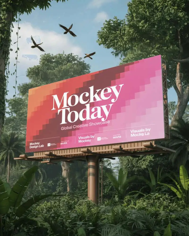 Large Empty Billboard Mockup Standing Amid Dense Forest With Clear Sky And Soaring Birds