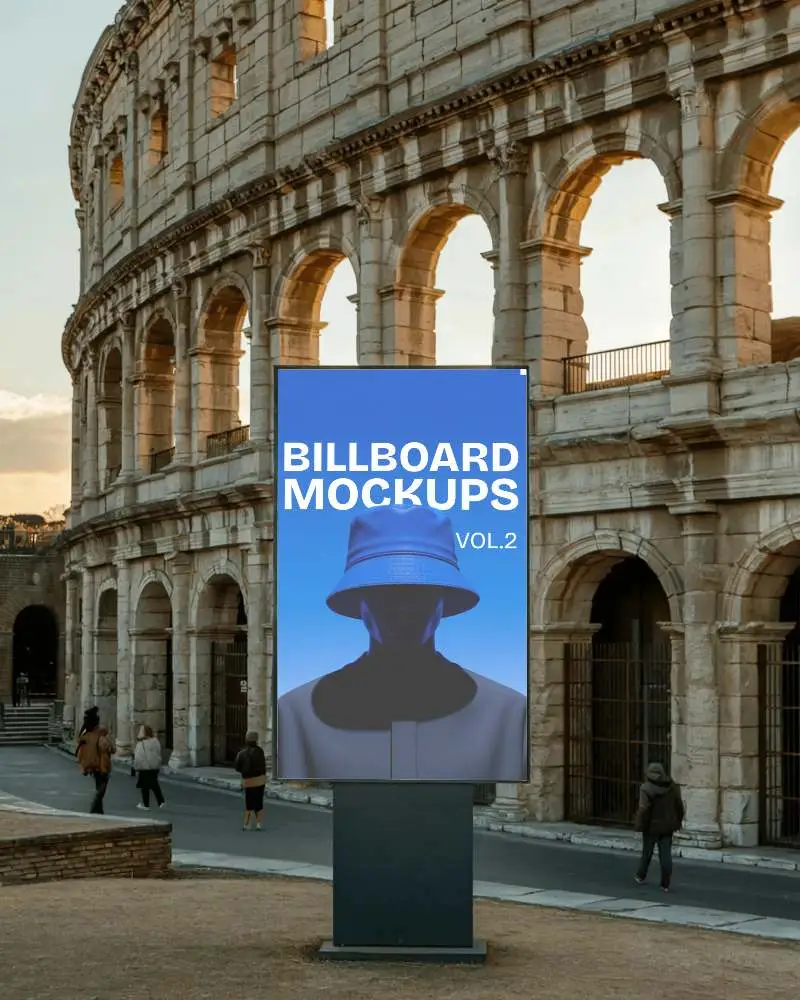 Ancient Roman Architecture Surrounded By Modern Cityscape With Empty Billboard Mockup