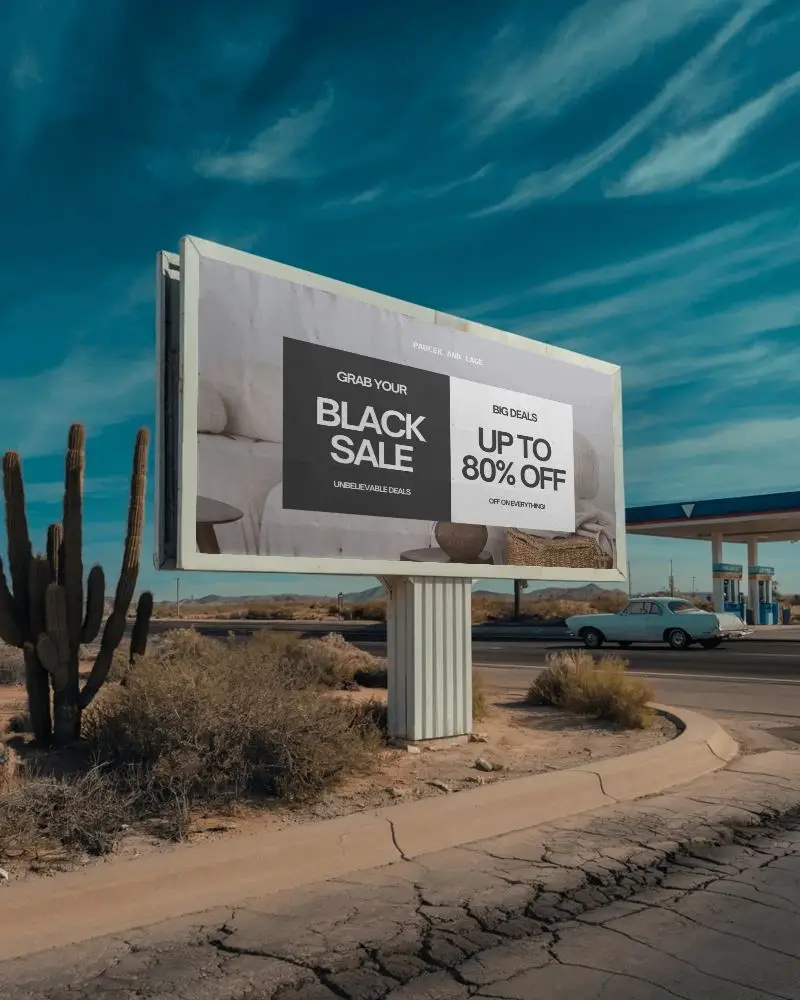 Outdoor Desert Billboard Mockup Next To Cactus And Vintage Car Passing By Road