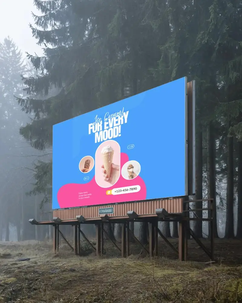 Blank Billboard Mockup Podium Structure Surrounded By Trees Nature Background For Marketing