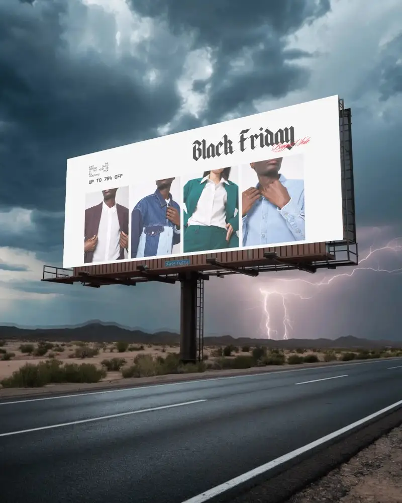 Blank Billboard Advertising Mockup On Empty Road With Stormy Sky Background Scene