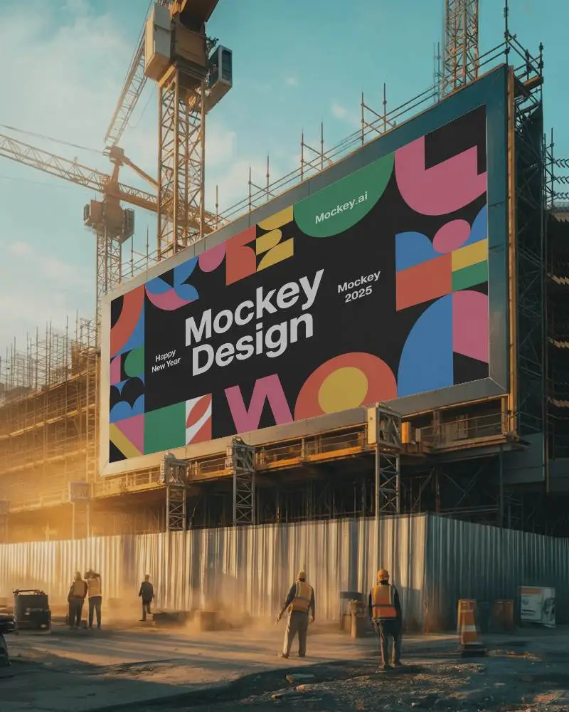 Construction Site Large Billboard Mockup With Empty Dark Display For Advertising