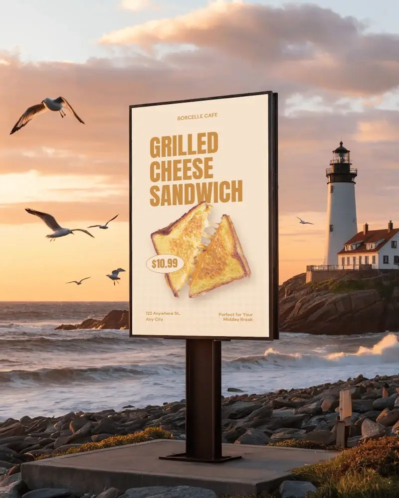 Seaside Billboard Mockup On Rocky Shore With Flying Birds And Scenic Lighthouse Background