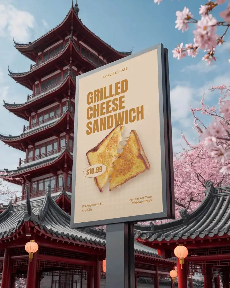 Blank Vertical Billboard Mockup In Traditional Asian Architectural Setting For Advertising