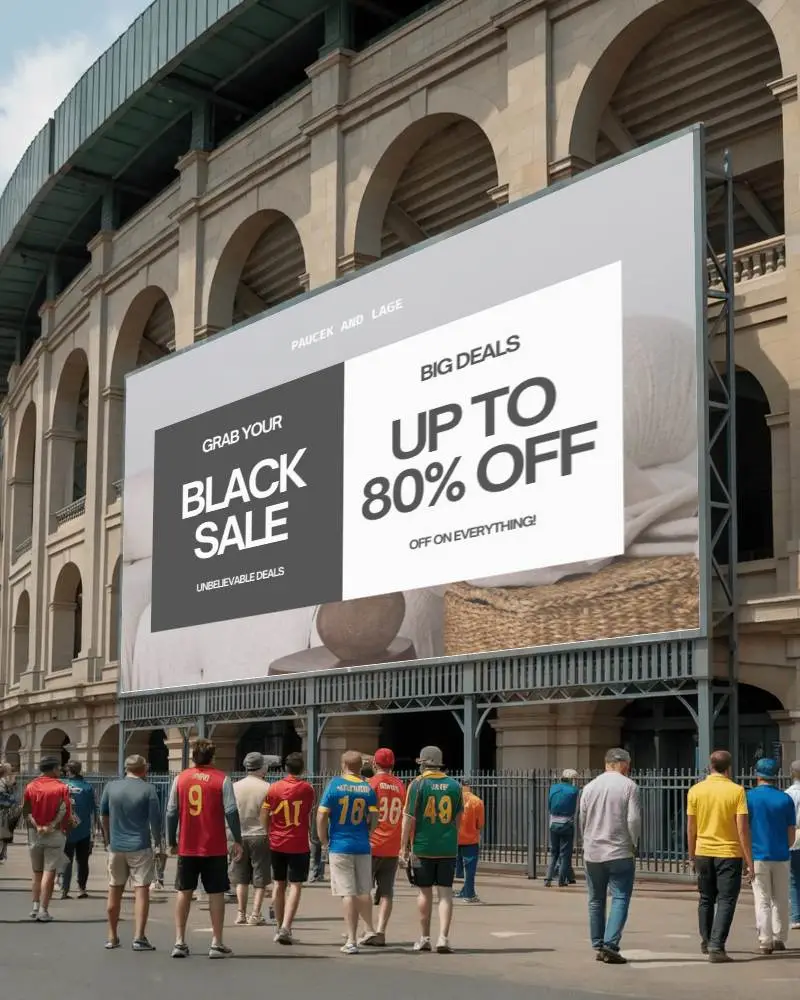 Sports Fans Walking Toward Large Stadium Billboard Mockup Advertisement Empty Space