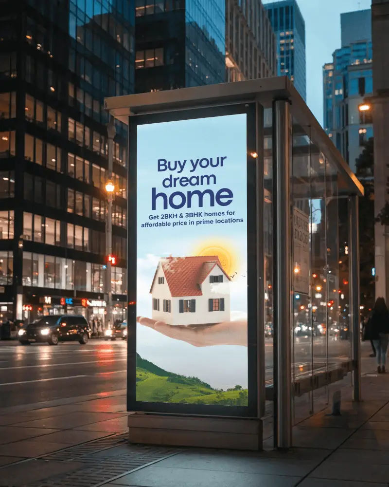 Night City Bus Stop Billboard Mockup Glowing Vertical Display Modern Urban Advertising