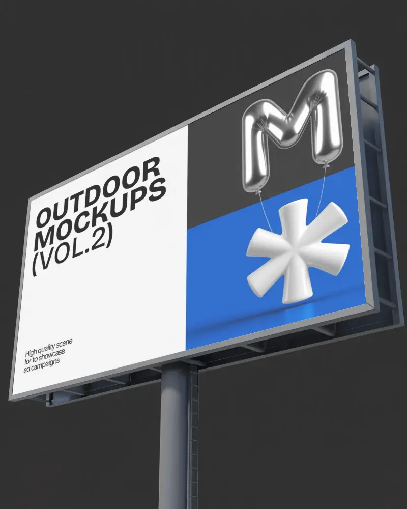 High Pole Billboard Mockup Clean Wide Display On Dark Sky Background For Highway Ads