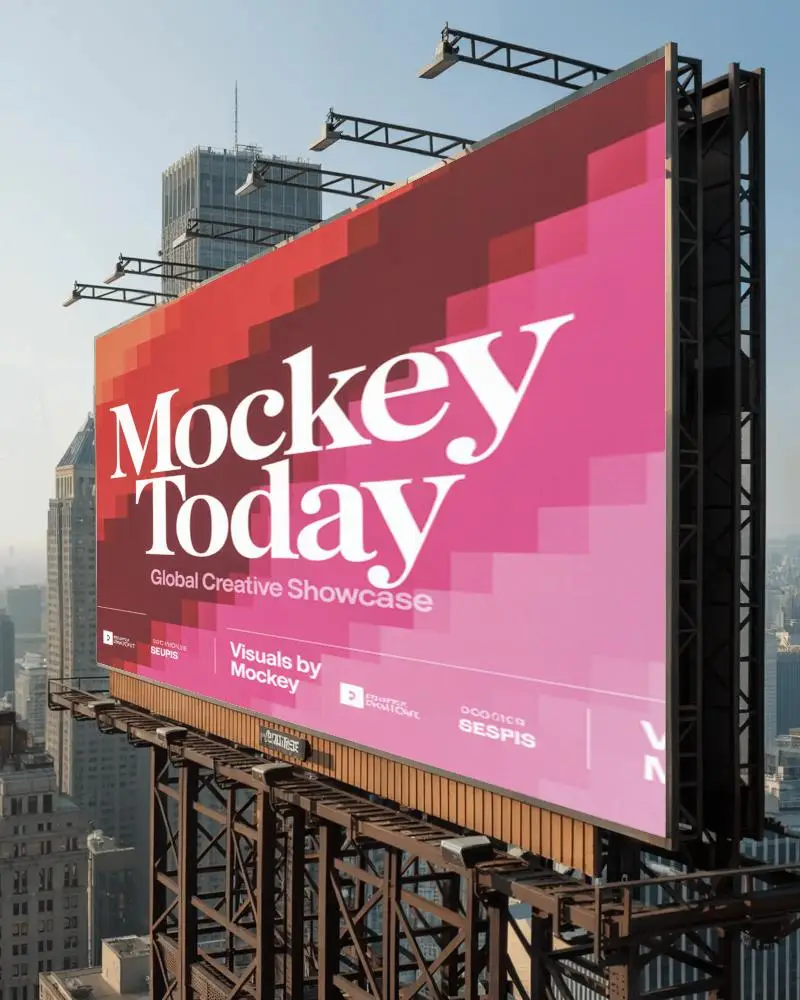 Large Billboard Mockup On Urban Rooftop Ideal For Advertising Campaigns And Brand Promotion