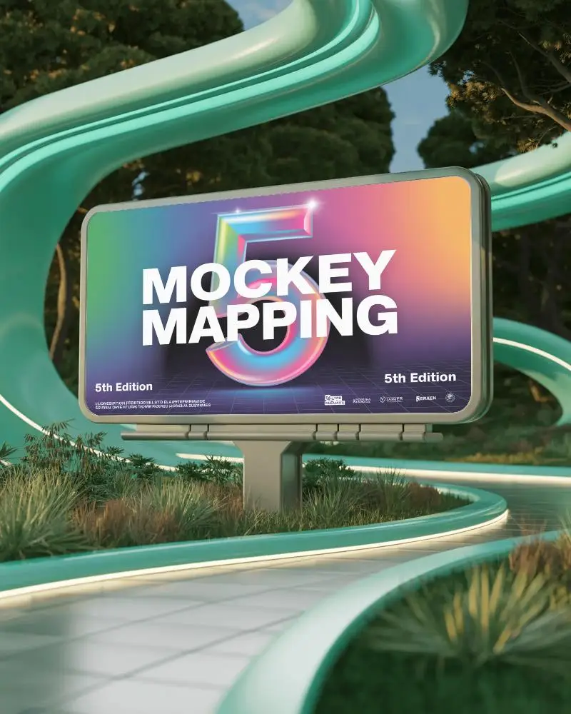 Futuristic Curved Pathway Billboard Mockup For Outdoor Advertisement Display