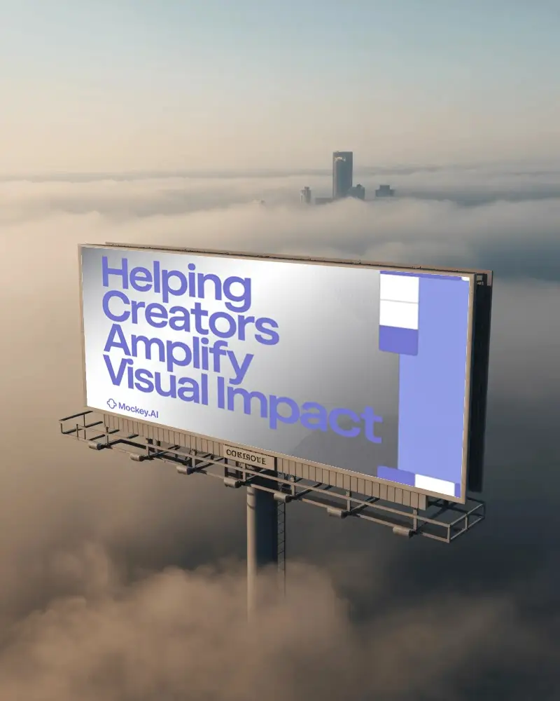 Large Empty Billboard Mockup Floating Above Clouds Cityscape Background Advertising Space