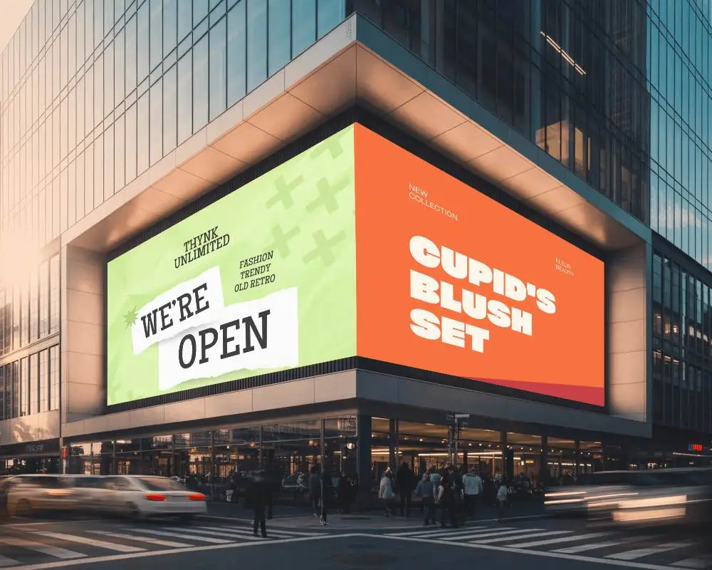 Large Urban Billboard Mockup Advertising Space In Busy City Intersection With People Moving