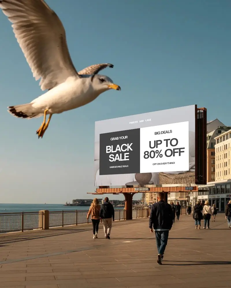Urban Seaside Billboard Mockup With Advertisement And Seagull In Flight