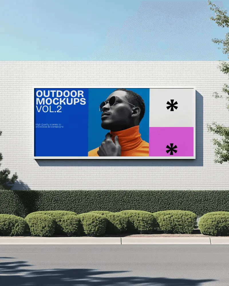 Billboard Mockup On White Brick Wall Clean Street View With Trimmed Green Hedges