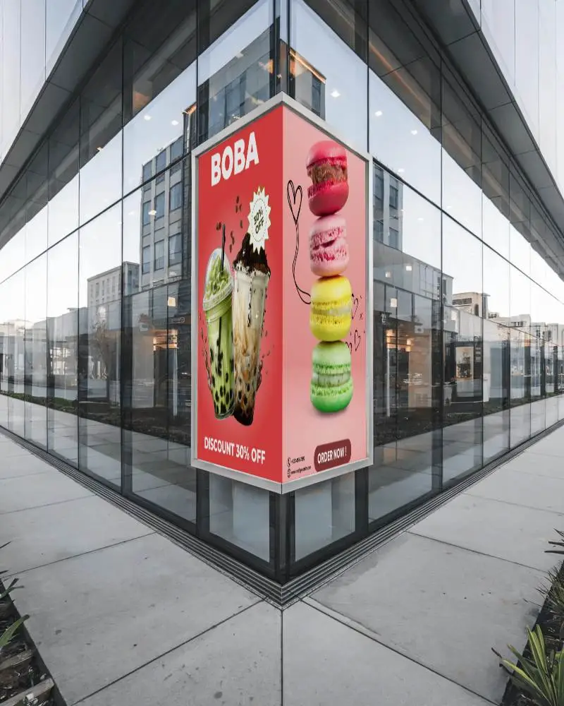 Sleek Corner Billboard Mockup On Glass Exterior Of Commercial Complex