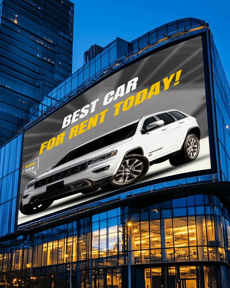 High End Glass Building Billboard Mockup With Dramatic Curve And Blue Sky