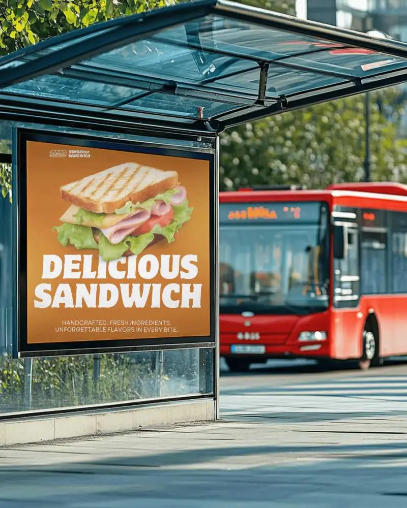 Glass Sheltered Bus Stop Billboard Mockup Futuristic Robot Face Advertisement With Reflective Surfaces And Red City Bus In Background 0183