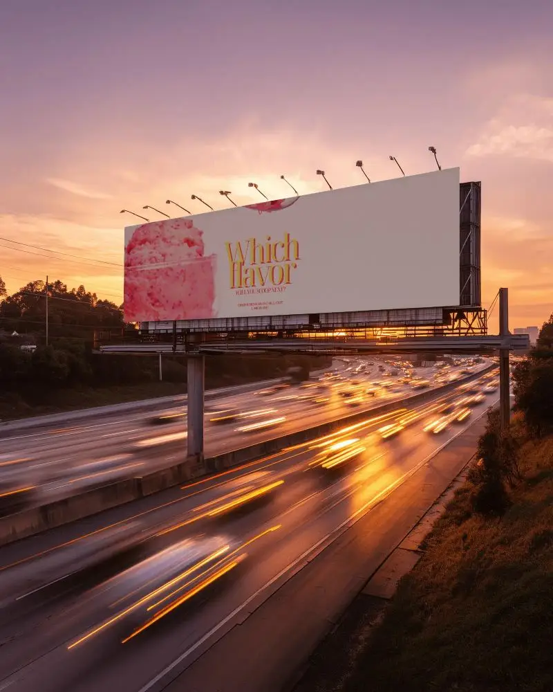 Empty Highway Advertisement Billboard Dominates Sunset Skyline Above Busy Traffic