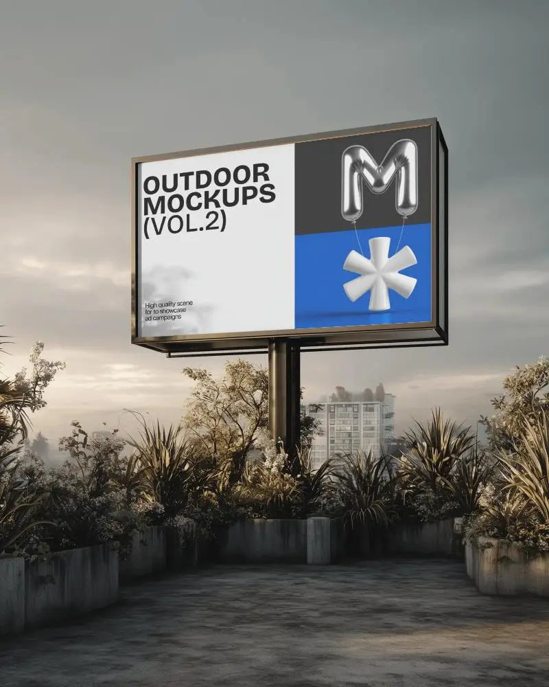 Outdoor Billboard Mockup For Advertisement Display In Urban Garden Setting With Clear Sky