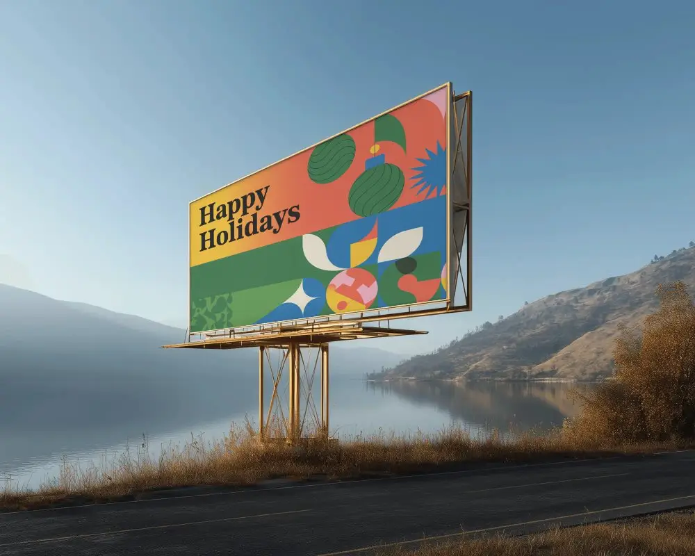 Large Outdoor Billboard Near Lakeside With Mountains In Background And Empty Display