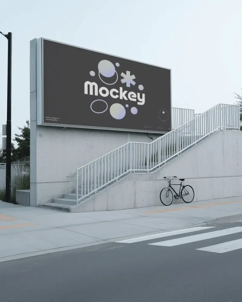 Outdoor Billboard Mockup Next To Pedestrian Crosswalk And Urban Street Elements