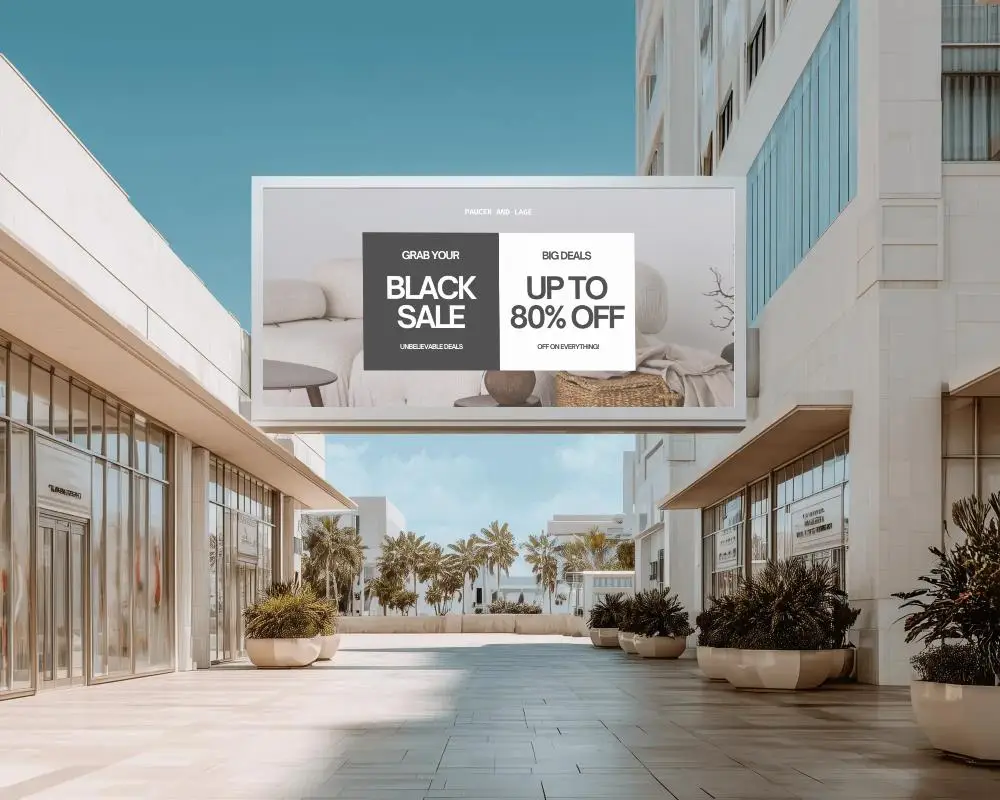 Modern Urban Outdoor Billboard Mockup In Commercial Retail Setting With Clear Sky